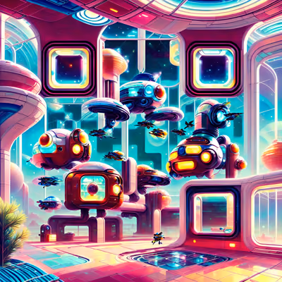 Retrofuturistic Space Habitat Robots QR Code for Posters — image 1