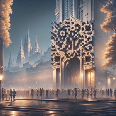 Ornate Gothic City Plaza Painting QR Code Art