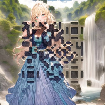 Anime Girl Blue Gown Waterfall QR Code Art