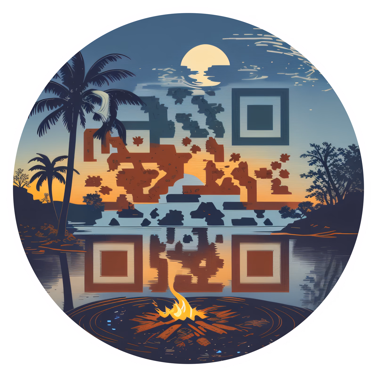 Tropical Lake Sunset Vector QR Code for Stickers — image 1