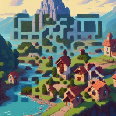 Mountain Village River Game Art QR Code for Posters