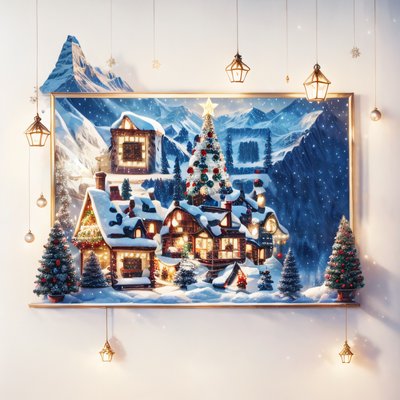 Christmas Mountain Village Digital Painting QR Code for Greeting Cards