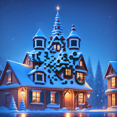 Snowy Christmas House Digital Painting Fantasy Art QR Code for Greeting Cards — image 1