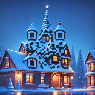 Snowy Christmas House Digital Painting Fantasy Art QR Code for Greeting Cards