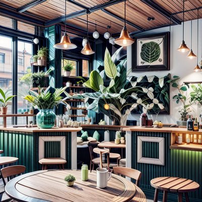 Plant Filled Cafe Interior QR Code Art