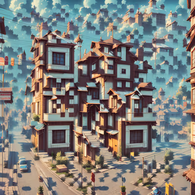 Timber Houses Street 3D Render QR Code Art — image 1