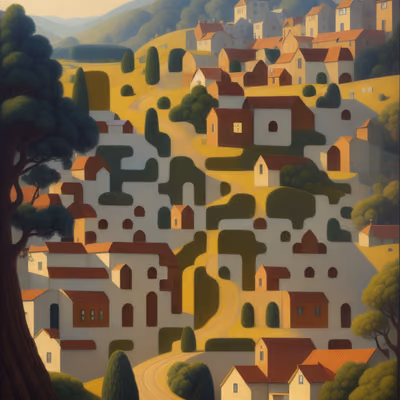 山坡村庄风格化绘画二维码艺术 — 图片 1
