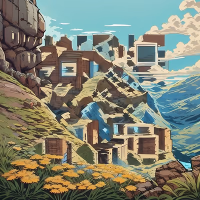 Mountain Hillside Buildings Comic Style QR Code Art — image 1
