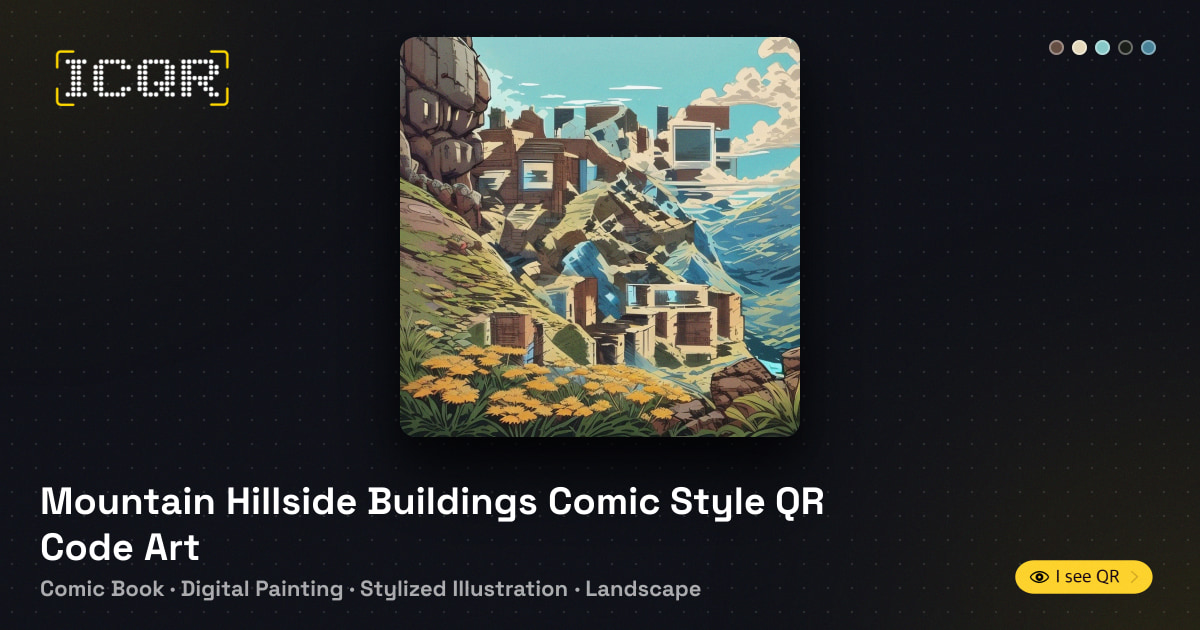 Mountain Hillside Buildings Comic Style QR Code Art • ICQR