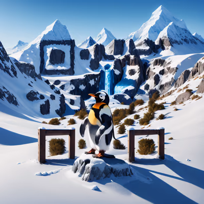 Пингвин на заснеженной горе, цифровая живопись и QR-код — изображение 1