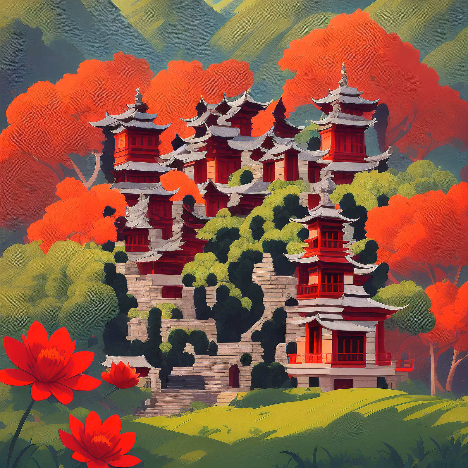 Red Pagoda Hillside Vector QR Code Art — image 1
