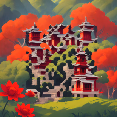 Red Pagoda Hillside Vector QR Code Art — image 1