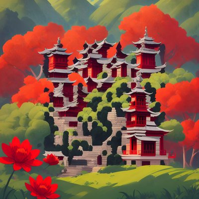 Red Pagoda Hillside Vector QR Code Art