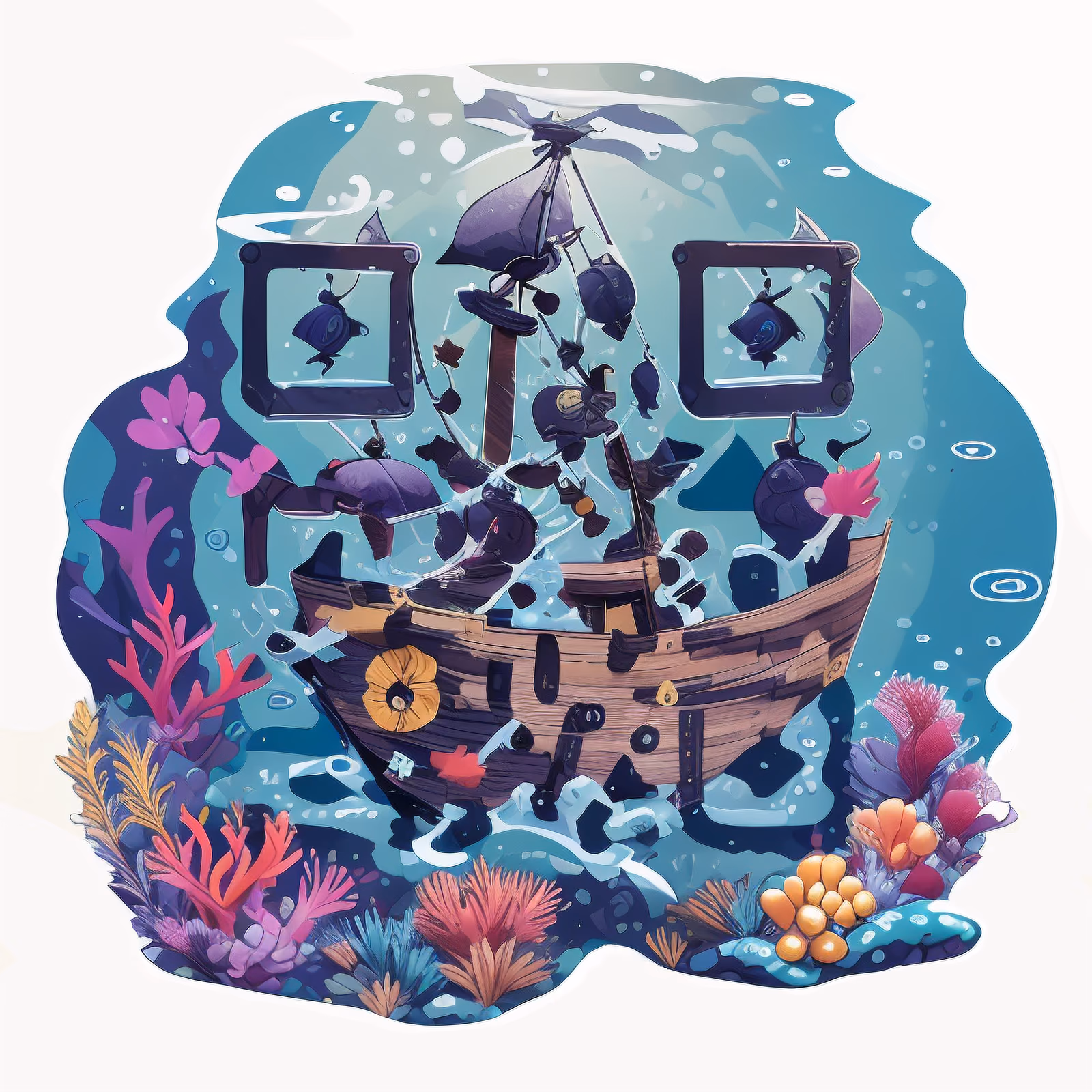 海底沉船矢量二维码艺术,适用于贴纸 — 图片 1