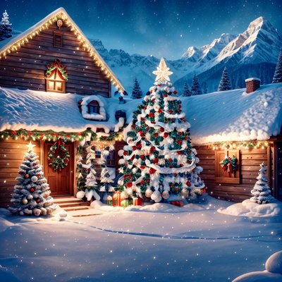 Snowy Cabin Christmas Tree QR Code for Greeting Cards