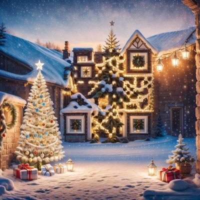 Snowy Christmas Village Digital Painting QR Code for Greeting Cards