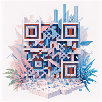 QR-код в виде изометрического здания с папоротниками для игровой графики и плакатов — изображение 1