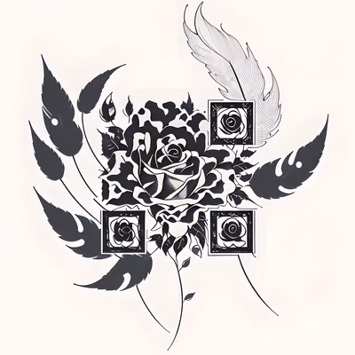 QR-код с розой и перьями в стиле чернильной татуировки для временных тату — изображение 1