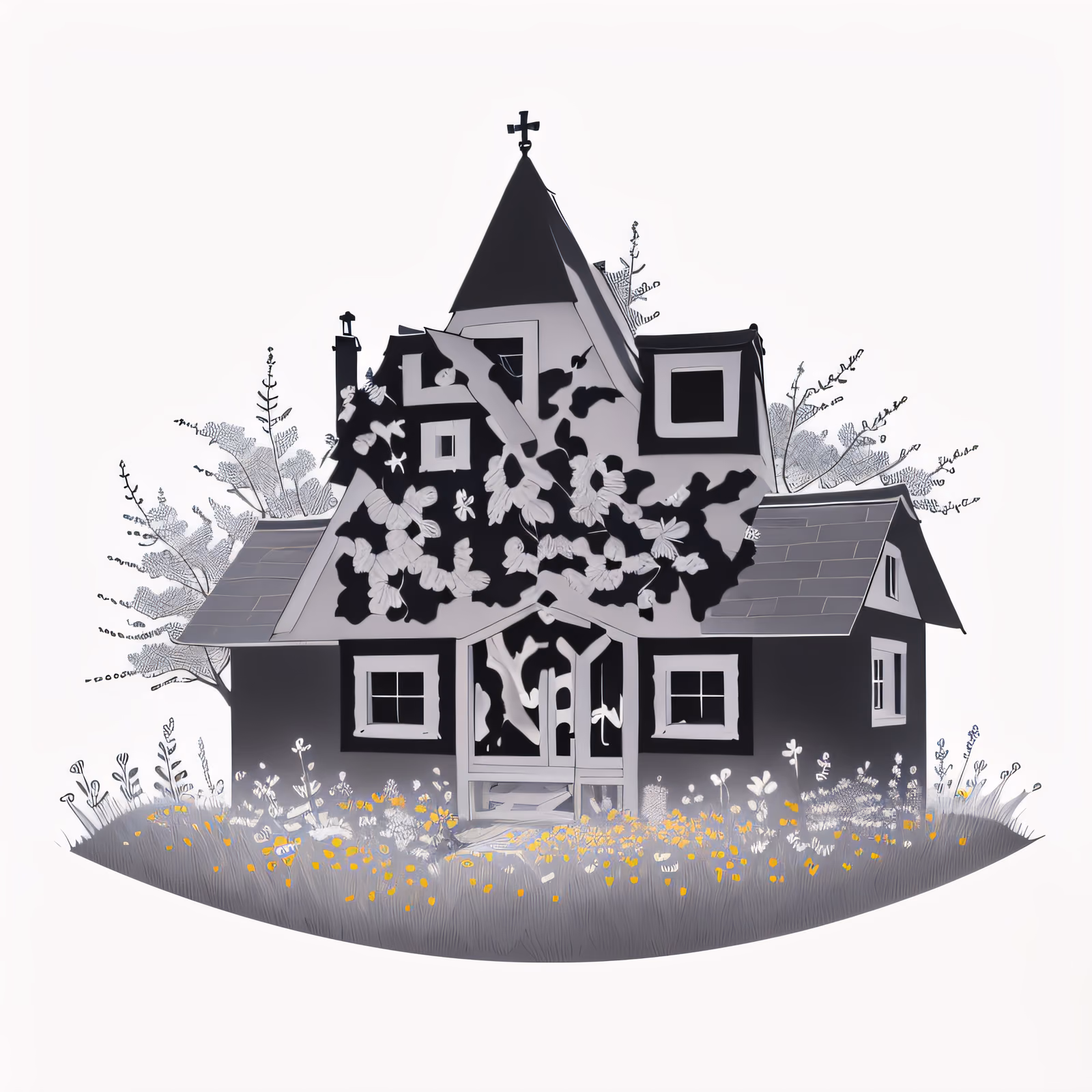 Коттедж, нарисованный тушью, на цветущем лугу: QR-код — изображение 1