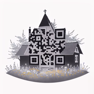 Коттедж, нарисованный тушью, на цветущем лугу: QR-код — изображение 1
