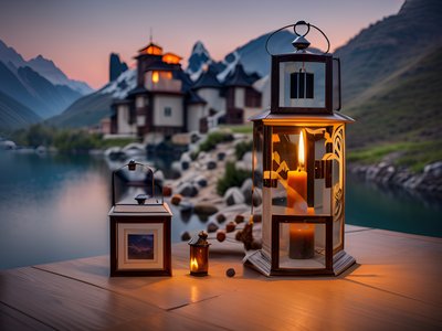 Candle Lantern Mountain Lake Photo QR Code Art