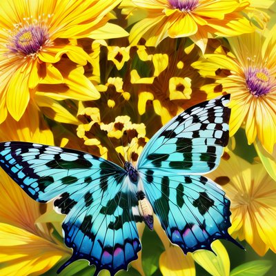 Cyan Butterfly on Yellow Flowers QR Code Art
