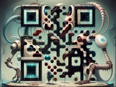 Биомеханические существа с клювами, сюрреалистичный QR-код для постеров