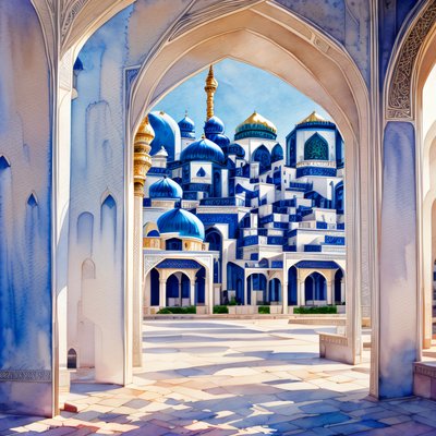 Blue Domed Courtyard Watercolor QR Code Art