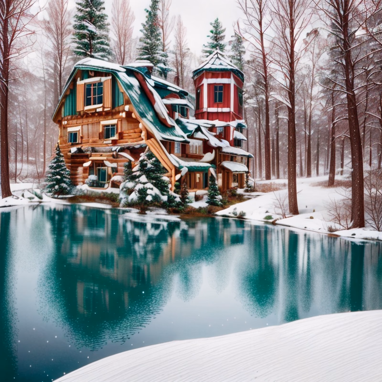 Snowy Lake Cabin Winter Scene QR Code for Greeting Cards — image 1