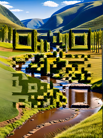 草地山谷河流风景二维码艺术 — 图片 1