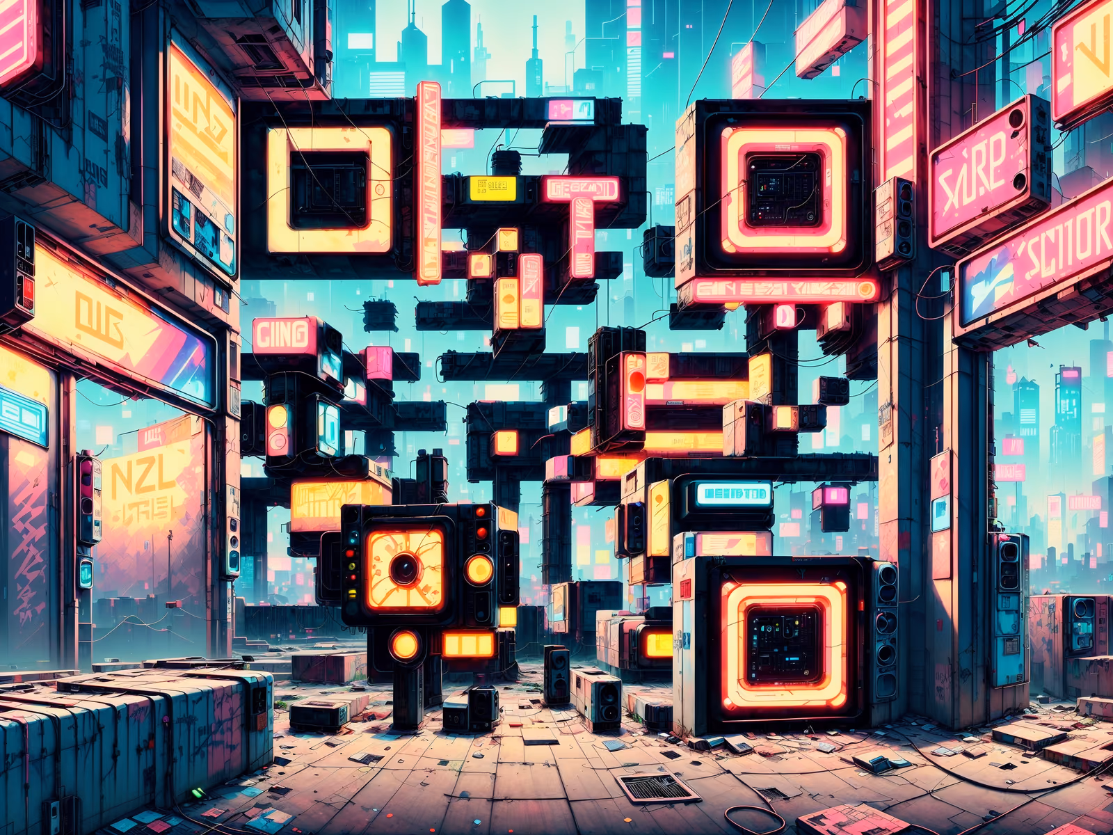 Neon Ruined Cyberpunk City QR Code for Posters — image 1