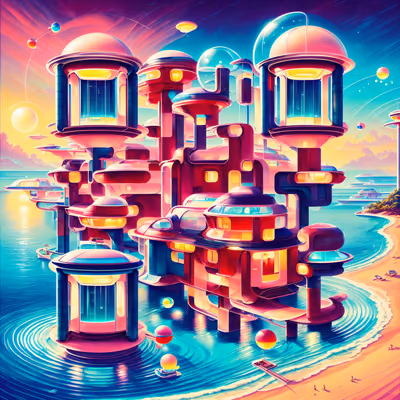 Retrofuturistic Island Resort Painting QR Code Poster — image 1