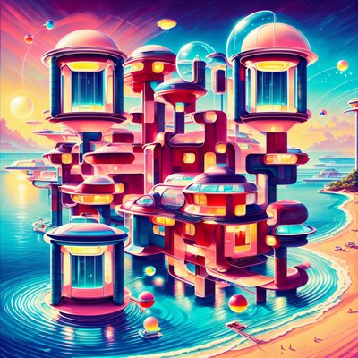 Retrofuturistic Island Resort Painting QR Code Poster