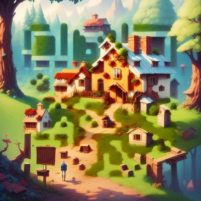 QR-код для постеров в стиле игровой графики: сказочная лесная деревня