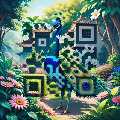 Peacock Garden Digital Painting Flowers QR Code Art
