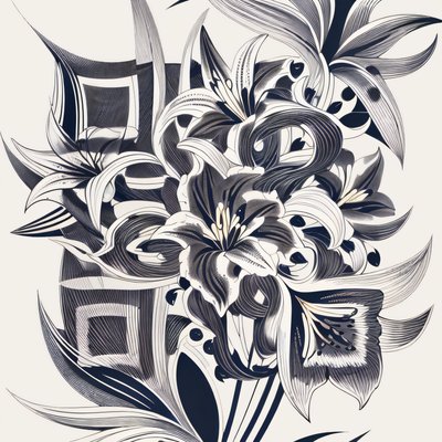 百合花束纹身线稿二维码设计,适用于临时纹身