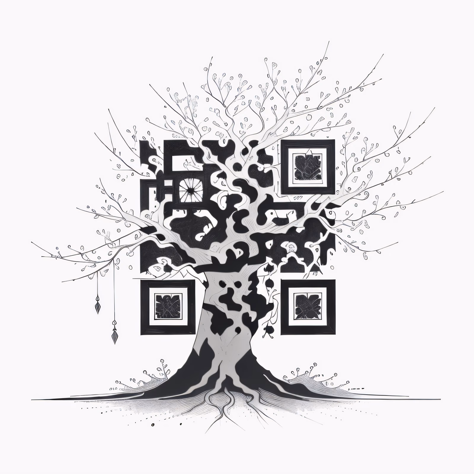 水墨手绘树木纹身风格二维码设计，适用于临时纹身 — 图片 1