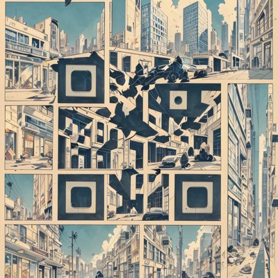 漫画分格城市街道二维码设计,适用于海报