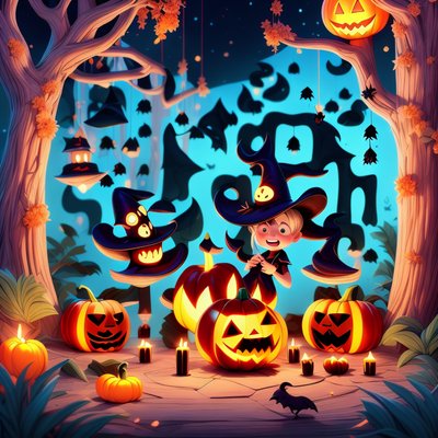 Halloween Pumpkin Forest Cartoon QR Code for Event Invitations