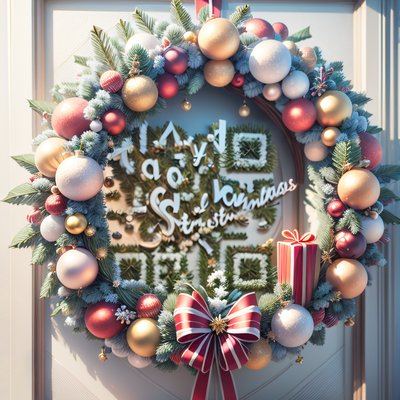 Christmas Wreath Baubles 3D Render QR Code for Greeting Cards