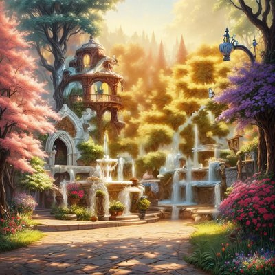 Fantasy Park Fountain Matte Painting QR Code Art