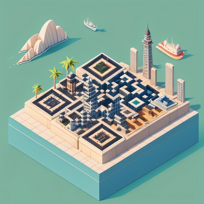 Изометрический прибрежный город с гаванью: постер с QR-кодом