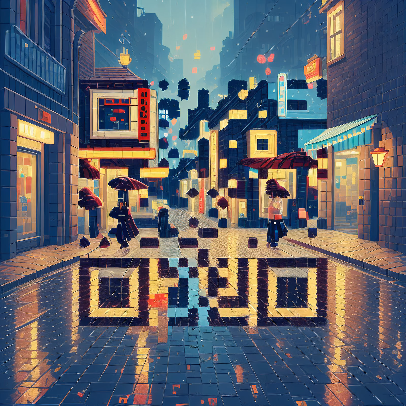 雨天像素风街道二维码艺术,适用于海报 — 图片 1