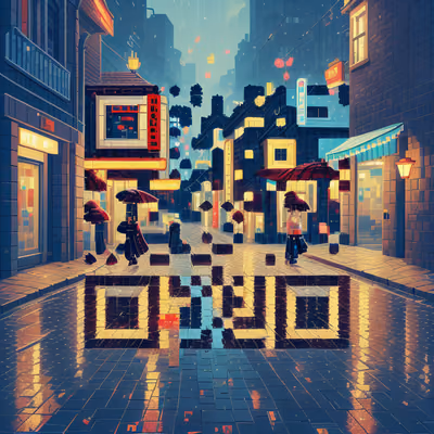 雨天像素风街道二维码艺术,适用于海报 — 图片 1