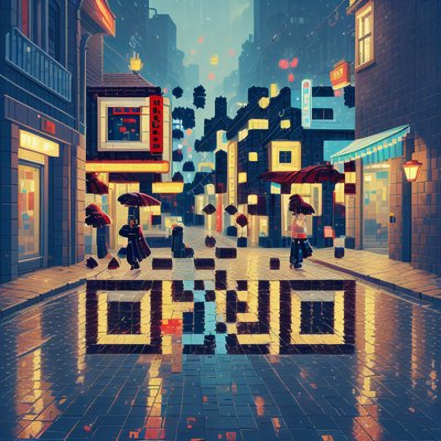 Rainy Pixel Art Street QR Code for Posters