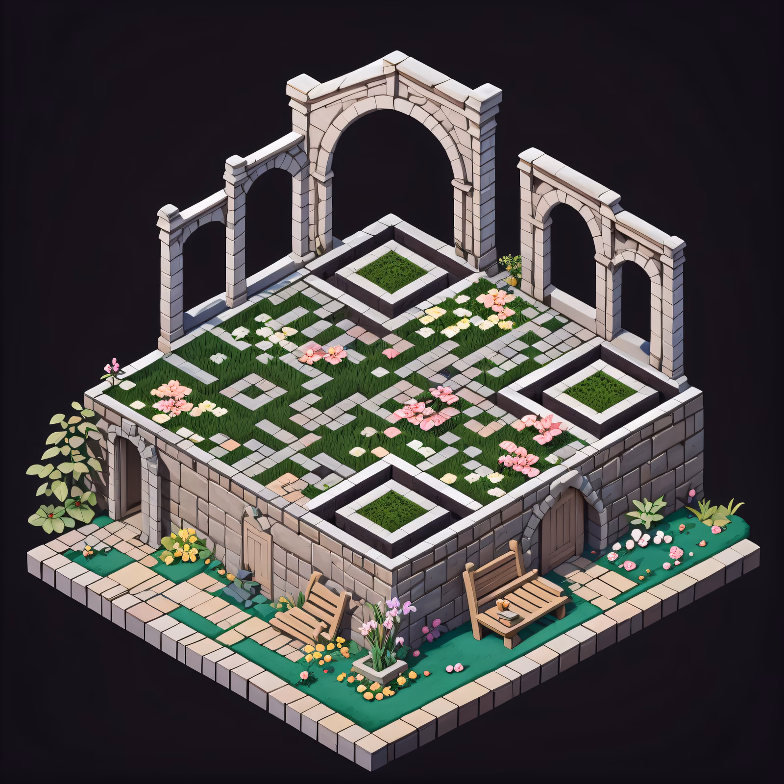 Isometric Monastery Garden Diorama QR Code Art — image 1
