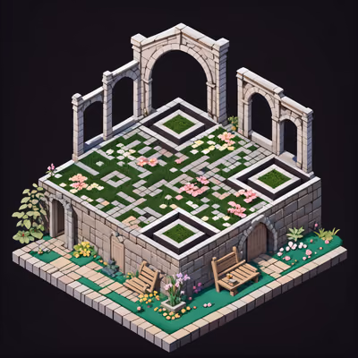 Isometric Monastery Garden Diorama QR Code Art — image 1
