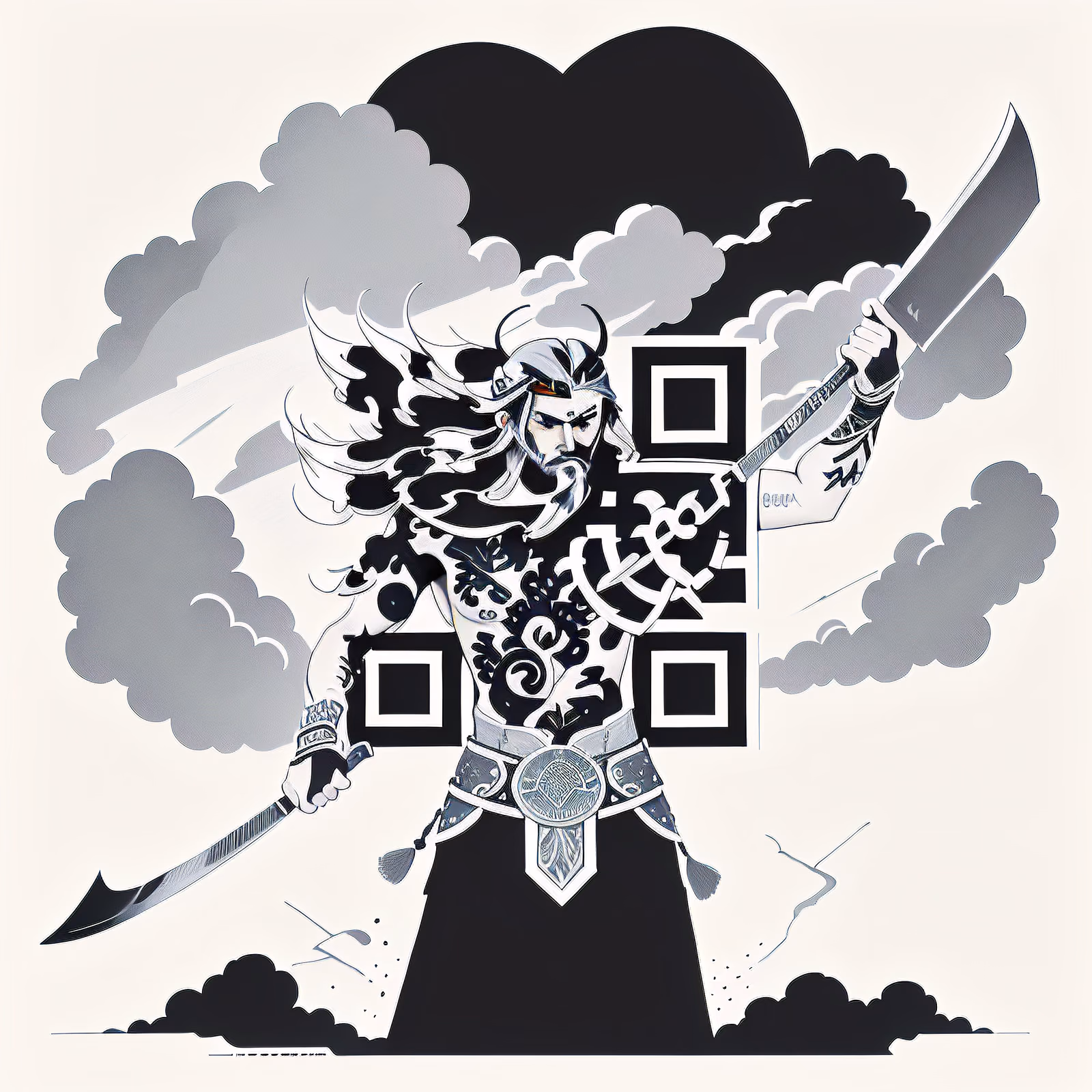纹身战士水墨画二维码设计，适用于服装 — 图片 1