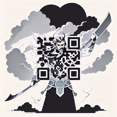 纹身战士水墨画二维码设计，适用于服装 — 图片 1