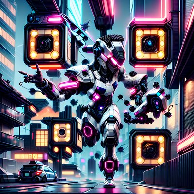 Cyberpunk Armored Assassin Neon City QR Code Art